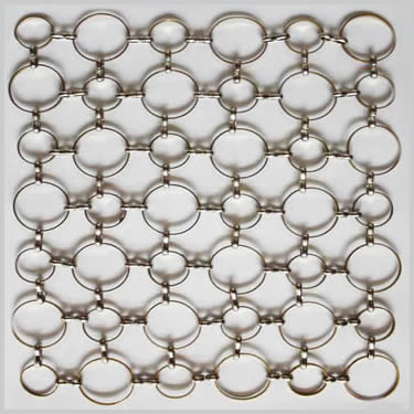 A piece of stainless steel S hook metal ring mesh made from two different ring sizes.